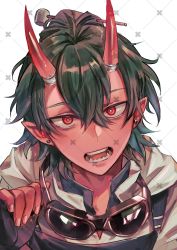 Rule 34 | 1boy, absurdres, commentary request, demon, demon boy, demon horns, earrings, fangs, highres, holding, horns, jewelry, looking at viewer, magnolia29, male focus, muscular, muscular male, original, pointy ears, red eyes, solo, sunglasses