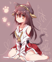 Rule 34 | 10s, 1girl, animal ears, ayakashi (monkeypanch), bare shoulders, barefoot, black hair, brown eyes, cat ears, detached sleeves, hairband, haruna (kancolle), highres, japanese clothes, kantai collection, kemonomimi mode, long hair, paw print, personification, sitting, solo, tail, wariza