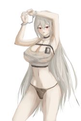 Rule 34 | 1girl, absurdres, armpits, azur lane, black choker, black panties, blush, breasts, choker, cleavage, collarbone, cuffed, cuffs, hand up, highres, lom (lom lom 8), looking at viewer, medium breasts, mole, mole under eye, navel, no bra, open mouth, panties, shirt, solo, sovetskaya rossiya (azur lane), sovetskaya rossiya (the lackadaisical lookout) (azur lane), stomach, strapless, underwear, white background, white shirt