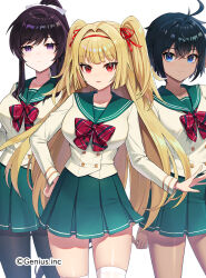 Rule 34 | 3girls, :d, anzumame, black hair, black pantyhose, blonde hair, blue eyes, bow, bowtie, breasts, buttons, collarbone, dot nose, double-breasted, green sai, green skirt, hair bow, high ponytail, large breasts, legs apart, long bangs, long sleeves, miniskirt, multiple girls, official art, open mouth, original, pale skin, pantyhose, plaid, plaid bow, plaid bowtie, pleated skirt, purple eyes, purple hair, raised eyebrows, red bow, red bowtie, red eyes, school uniform, serafuku, shirt, short hair, skirt, smile, straight hair, tan, thick thighs, thighhighs, thighs, tomboy, twintails, two side up, white background, white bow, white shirt, white thighhighs, zettai ryouiki