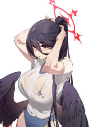 Rule 34 | 1girl, :o, absurdres, adjusting hair, arms up, bare arms, bikini, black bikini, black hair, black wings, blue archive, blush, breasts, buruma, cou di di, cowboy shot, dated, feathered wings, gym uniform, hair between eyes, halo, hasumi (blue archive), hasumi (track) (blue archive), highres, large breasts, large wings, long hair, looking at viewer, low wings, mole, mole under eye, official alternate costume, parted lips, ponytail, red eyes, red halo, see-through, shirt, short sleeves, simple background, solo, sweat, swimsuit, swimsuit under clothes, tying hair, upper body, very long hair, wet, wet clothes, wet shirt, white background, white shirt, wings
