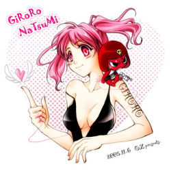Rule 34 | 1girl, ahoge, bare shoulders, breasts, cleavage, closed mouth, collarbone, giroro, heart, hinata natsumi, index finger raised, keroro gunsou, large breasts, lips, lowres, off-shoulder, off-shoulder sweater, off shoulder, pink eyes, pink hair, side ponytail, smile, solo, strap slip, string, sweater, tattoo, text focus, twintails, upper body, wings