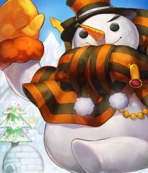 Rule 34 | alternate costume, artist request, black eyes, building, card (medium), carrot, chaos online, christmas tree, christmas wreath, day, hat, igloo, mittens, no humans, official art, outdoors, running, sky, smile, snow shelter, snowman, solo, stonecold (chaos online), top hat, winter, wreath