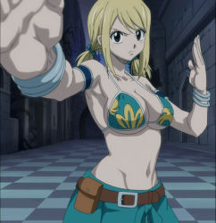 Rule 34 | 1girl, bare shoulders, belt, bikini, bikini top only, blonde hair, breasts, fairy tail, highres, lucy heartfilia, navel, screencap, solo, stitched, swimsuit, third-party edit