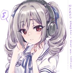 Rule 34 | 1girl, artist name, black ribbon, blush, character name, closed mouth, drill hair, eighth note, english text, hair ribbon, hands in hair, headphones, highres, idolmaster, idolmaster cinderella girls, kanzaki ranko, kuroi mimei, light blush, looking at viewer, medium hair, musical note, portrait, red eyes, ribbon, signature, silver hair, smile, solo, spoken musical note, twin drills, twintails