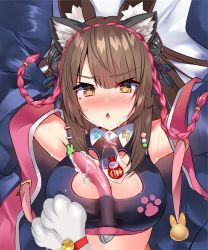Rule 34 | 1girl, animal ears, armpits, arms up, bare shoulders, bed sheet, black jacket, black shirt, blush, braid, breasts, brown hair, cleavage, cleavage cutout, clothing cutout, collared shirt, crop top, double bun, fake animal ears, fox ears, hair bun, indie virtual youtuber, jacket, large breasts, long hair, long sleeves, looking at viewer, lying, midriff, mole, mole under eye, necktie, nose blush, off shoulder, on back, open clothes, open jacket, open mouth, orange eyes, rabbit cutout, sex toy, shirt, short necktie, sleeveless, sleeveless shirt, solo, suggestive fluid, sweat, sweatdrop, upper body, usagihime, usagihime (vtuber), v-shaped eyebrows, virtual youtuber