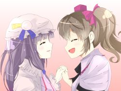 Rule 34 | 2girls, ^ ^, bad id, bad pixiv id, black emperor, blunt bangs, blush, bow, brown hair, closed eyes, crossover, hair bow, hair tubes, hat, highres, himekaidou hatate, holding hands, interlocked fingers, long hair, misao, multiple girls, open mouth, parody, patchouli knowledge, purple hair, short ponytail, sidelocks, smile, style parody, touhou