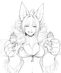 Rule 34 | 1girl, animal ear fluff, animal ears, animal hands, artist request, bikini, bikini top only, breasts, claws, cleavage, closed eyes, food, fur, highres, ice cream, ice cream cone, large breasts, lips, manticore (monster girl encyclopedia), midriff, monster girl, monster girl encyclopedia, pov, simple background, smile, solo, swimsuit, teeth, white background