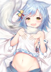Rule 34 | 1girl, animal ears, azur lane, bell, blue hair, blue skirt, detached sleeves, fox ears, fubuki (azur lane), groin, hair bell, hair ornament, highres, looking at viewer, lying, navel, open mouth, pleated skirt, scarf, short hair, skirt, smile, solo, stomach, topia, upper body, white scarf, yellow eyes