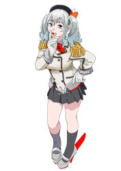 Rule 34 | 1girl, beret, black hat, black skirt, black socks, blue eyes, bow, buttons, commentary request, double-breasted, epaulettes, full body, gloves, grey footwear, grey hair, grey jacket, hand on own hip, hat, high heels, highres, jacket, kantai collection, kashima (kancolle), looking at viewer, ojipon, pleated skirt, red bow, simple background, skirt, socks, solo, twintails, white background, white gloves