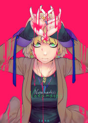 Rule 34 | 1girl, alternate costume, ambiguous red liquid, black shirt, blonde hair, breasts, brown jacket, closed mouth, clothes writing, commentary request, dripping, earrings, green eyes, jacket, jewelry, long sleeves, looking at viewer, medium breasts, medium hair, mizuhashi parsee, necklace, red background, ring, romaji text, sakai-saka, shirt, solo, touhou, upper body