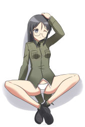 Rule 34 | 1girl, black hair, blue eyes, blush, breasts, glasses, groin, nomad (mjauharazhar), one eye closed, panties, simple background, small breasts, solo, strike witches, suwa amaki, underwear, white background, white panties, world witches series
