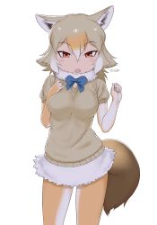 Rule 34 | 1girl, :o, animal ear fluff, animal ears, blue bow, blue bowtie, bow, bowtie, breasts, brown eyes, commentary, cowboy shot, elbow gloves, fur collar, gloves, golden jackal (kemono friends), gradient hair, grey hair, hair between eyes, hand on own chest, hands up, highres, jackal ears, jackal tail, kemono friends, long hair, looking at viewer, masuyama ryou, medium breasts, multicolored hair, orange hair, pantyhose, short sleeves, simple background, solo, tail, white background, white hair