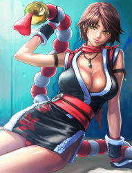 Rule 34 | 1girl, alternate costume, alternate hairstyle, breasts, brown hair, cleavage, fatal fury, female focus, green eyes, highres, kof: maximum impact, large breasts, shiranui mai, short hair, snk, solo, the king of fighters