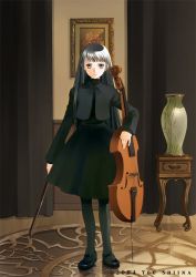Rule 34 | 1girl, artist name, black hair, cello, curtains, instrument, interior, long hair, original, painting (object), pantyhose, shiina yuu, solo, standing, table, vase