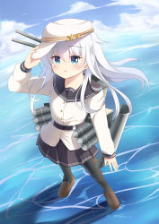 Rule 34 | arm up, backlighting, black pantyhose, black sailor collar, black skirt, blue eyes, blue sky, brown footwear, cloud, cloudy sky, commentary, commission, day, dutch angle, english commentary, flat cap, full body, hair between eyes, hammer and sickle, hand on headwear, hat, hibiki (kancolle), ikazu401, kantai collection, loafers, long hair, long sleeves, looking at viewer, machinery, miniskirt, ocean, outdoors, pantyhose, parted lips, pleated skirt, sailor collar, school uniform, serafuku, shirt, shoes, silver hair, skirt, sky, solo, standing, standing on liquid, star (symbol), torpedo tubes, verniy (kancolle), very long hair, white hat, white shirt
