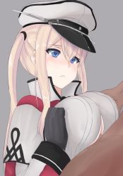Rule 34 | 10s, 1boy, 1girl, black gloves, blonde hair, blue eyes, blush, breasts, capelet, gloves, graf zeppelin (kancolle), hat, hetero, kantai collection, large breasts, long hair, nao (ritsancrossover), paizuri, paizuri under clothes, parted lips, peaked cap, penis, sidelocks, twintails, uncensored