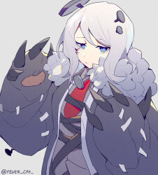 Rule 34 | 1girl, absurdres, black coat, blue eyes, claws, closed mouth, coat, e.g.o (project moon), faust (project moon), fevercat, fur-trimmed coat, fur trim, grey background, grey shirt, highres, limbus company, looking at viewer, medium hair, nail, necktie, paw sleeves, project moon, red necktie, shirt, sidelocks, simple background, solo, stitches, upper body, white hair