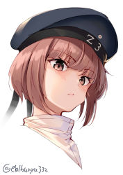 Rule 34 | 1girl, black hat, blush, brown eyes, closed mouth, clothes writing, ebifurya, hat, highres, kantai collection, lips, looking at viewer, one-hour drawing challenge, portrait, red hair, sailor hat, short hair, simple background, solo, twitter username, white background, z3 max schultz (kancolle)