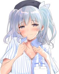 Rule 34 | 10s, 1girl, bad id, bad twitter id, beret, blouse, blue shirt, blush, breasts, close-up, closed mouth, collarbone, half-closed eyes, hands on own chest, hat, kantai collection, kashima (kancolle), large breasts, lawson, light smile, looking at viewer, name tag, shirt, simple background, smile, solo, striped clothes, striped shirt, twintails, twitter username, upper body, vertical-striped clothes, vertical-striped shirt, wavy hair, white background, white shirt, yu yu