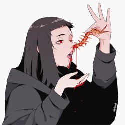 1girl black_hair black_hoodie blood blood_drip blood_on_hands blunt_bangs bug centipede commentary english_commentary highres hood hoodie insect_on_nose medium_hair nosebleed open_mouth original piercing profile red_eyes short_bangs solo tongue_piercing twitter_username upper_body yblndr