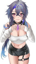 Rule 34 | 1girl, absurdres, ahoge, azur lane, bare shoulders, belt, black collar, black shorts, blush, breasts, buko (bukosuki), cleavage, closed mouth, collar, collarbone, commentary, cowboy shot, cropped sweater, crossed bangs, foch (azur lane), foch (rainbow rendezvous) (azur lane), grey hair, groin, hair between eyes, hair over shoulder, hands on own chest, high-waist shorts, highres, large breasts, latex shorts, long hair, looking at viewer, midriff, multicolored hair, multicolored nails, nail art, nail polish, navel, o-ring, o-ring belt, off-shoulder sweater, off shoulder, official alternate costume, pink eyes, purple hair, shorts, sidelocks, signature, simple background, skindentation, sleeves past wrists, smile, solo, standing, sweater, white background, white sweater
