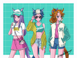 Rule 34 | 3girls, adjusting eyewear, alternate costume, animal ears, bag, baseball cap, blue eyes, blue shorts, boogie february, breasts, brown hair, blowing bubbles, chewing gum, crop top, cup, disposable cup, drinking, ears through headwear, feet out of frame, flat chest, gold ship (umamusume), green eyes, hand in pocket, handbag, hat, highres, holding, holding cup, horse ears, horse girl, horse tail, jacket, letterman jacket, long hair, looking to the side, medium breasts, mejiro mcqueen (umamusume), mejiro palmer (umamusume), mejiro ryan (umamusume), multicolored hair, multiple girls, navel, off shoulder, open clothes, open jacket, pink shirt, pink skirt, ponytail, purple eyes, purple hair, shirt, shirt tucked in, short hair, shorts, shoulder bag, skirt, standing, sunglasses, tail, tank top, twitter username, two-tone hair, umamusume, white hair, white shirt, yellow jacket