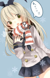 Rule 34 | 10s, 1girl, blonde hair, blush, hairband, highres, kantai collection, kumahara, long hair, looking at viewer, open mouth, scarf, shimakaze (kancolle), skirt, text focus, translation request