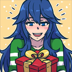 Rule 34 | 1girl, :d, akairiot, blue eyes, blue hair, blush, fire emblem, fire emblem awakening, gift, long hair, lowres, lucina (fire emblem), matching hair/eyes, nintendo, open mouth, simple background, smile, snowing, solo, super smash bros., teeth, yellow background