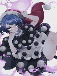 Rule 34 | 1girl, ayahi 4, black dress, blue eyes, blue hair, blush, breasts, doremy sweet, dress, flying, grey background, hand on own face, hands up, hat, highres, looking to the side, medium breasts, open mouth, pom pom (clothes), red hat, short hair, short sleeves, simple background, smile, solo, tail, touhou, very short hair, white dress, wide sleeves