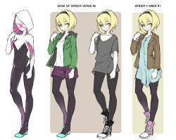 Rule 34 | 1girl, animification, black pantyhose, blonde hair, blue eyes, blush, bodysuit, breasts, buttons, casual, character sheet, comparison, contrapposto, costume chart, covered navel, cross-laced footwear, dual persona, full body, gwen stacy, hair between eyes, hairband, headband, hood, hooded bodysuit, hooded jacket, jacket, jun (spitfire), light smile, lineup, long sleeves, looking at viewer, marvel, mask, multicolored eyes, multiple persona, open clothes, open jacket, pantyhose, shirt, shoes, short hair, short sleeves, shorts, sketch, small breasts, smile, sneakers, spider-gwen, spider-man (series), spider-woman, spider web print, standing, superhero costume, variations