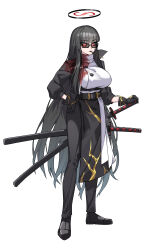 1girl absurdres black_coat black_footwear black_hair black_pants black_skirt blood blood_on_clothes blue_archive breasts coat cosplay full_body halo highres huge_breasts limbus_company long_hair ootachi pants project_moon red_eyes rio_(blue_archive) rodeong_r ryoshu_(project_moon) ryoshu_(project_moon)_(cosplay) shoes sidelocks skirt solo sunglasses very_long_hair