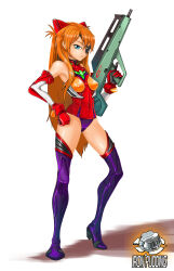 Rule 34 | 1girl, adapted costume, artist name, artist request, ass, assault rifle, blue eyes, bodysuit, breasts, brown hair, bullpup, full body, gun, hand on own hip, helmet, highres, holding, holding helmet, holding weapon, hug, interface headset, leotard, long hair, looking at viewer, medium breasts, needlegun, neon genesis evangelion, pilot suit, plugsuit, red bodysuit, rifle, shiny clothes, simple background, solo, souryuu asuka langley, very long hair, weapon