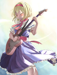 Rule 34 | 1girl, absurdres, alice margatroid, blonde hair, blue dress, blush, breasts, capelet, closed eyes, closed mouth, commentary request, dress, electric guitar, feet out of frame, frilled dress, frilled necktie, frilled sash, frilled sleeves, frills, guitar, hair between eyes, hairband, highres, holding, holding instrument, instrument, kareha p, long bangs, music, necktie, niconico, playing instrument, puffy short sleeves, puffy sleeves, red hairband, red necktie, red sash, sash, shirt, short hair, short sleeves, small breasts, smile, solo, touhou, white capelet, white shirt