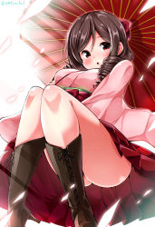 Rule 34 | 10s, 1girl, :o, artist name, ass, bare legs, blush, boots, bow, breasts, brown footwear, brown hair, cross-laced footwear, drill hair, eyebrows, hair between eyes, hair bow, hakama, hakama short skirt, hakama skirt, harukaze (kancolle), high heel boots, high heels, highres, japanese clothes, kantai collection, kimono, knee boots, knees together feet apart, knees up, lace-up boots, large breasts, long sleeves, meiji schoolgirl uniform, no panties, nontraditional miko, open mouth, parasol, petals, pleated skirt, red bow, red eyes, red hakama, red skirt, red umbrella, sash, sidelocks, skirt, solo, twin drills, umbrella, upskirt, wide sleeves, yuuki hb