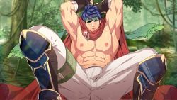 Rule 34 | 1boy, abs, armored boots, arms up, bara, black gloves, blue eyes, blue hair, boots, bulge, day, erection, erection under clothes, fingerless gloves, fire emblem, fire emblem: path of radiance, fire emblem: radiant dawn, gloves, green headband, headband, highres, ike (fire emblem), large pectorals, looking at viewer, male focus, mazjojo, muscular, muscular male, navel, nintendo, nipples, open mouth, outdoors, paid reward available, pants, pectorals, red scarf, scarf, short hair, solo, topless male, white pants