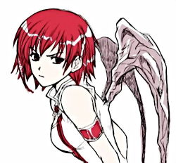 Rule 34 | 1girl, angry, black eyes, breasts, female focus, juju, lowres, over zenith, red hair, short hair, simple background, solo, wings