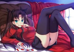 Rule 34 | 1girl, :q, aqua eyes, bad id, bad pixiv id, between fingers, black hair, black thighhighs, blush, brown hair, couch, crossed legs, fate/stay night, fate (series), female focus, gem, holding, lens flare, long hair, long legs, looking at viewer, lying, on back, peach88, skirt, solo, thighhighs, tohsaka rin, tongue, tongue out, twintails, two side up