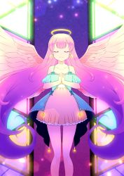 Rule 34 | 1girl, absurdres, angel, angel wings, blush, bow, closed eyes, earrings, feathered wings, gem, glowing, glowing earrings, glowing jewelry, gradient hair, halo, highres, jewelry, light particles, light rays, long hair, mikona honey, multicolored hair, off-shoulder shirt, off shoulder, original, own hands clasped, own hands together, pearl (gemstone), petticoat, pink hair, purple hair, shirt, shirt bow, short sleeves, skirt, smile, solo, spread wings, stained glass, star (symbol), star earrings, star ornament, two-tone hair, very long hair, wings