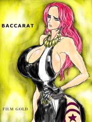 Rule 34 | 1girl, baccarat (one piece), black gloves, breasts, cleavage, cleavage cutout, clothing cutout, dress, full body, gloves, gmotida, hand on own hip, high heels, huge breasts, large breasts, long hair, one piece, red hair, sleeveless, sleeveless dress
