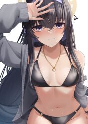 Rule 34 | 1girl, arm up, bikini, black bikini, black hair, blue archive, blush, breasts, collarbone, fuurin restia, grey jacket, hairband, halo, highres, jacket, jewelry, long hair, long sleeves, looking at viewer, navel, necklace, off shoulder, open clothes, open jacket, parted lips, purple eyes, purple hairband, simple background, single bare shoulder, sleeves past wrists, small breasts, solo, squiggle, swimsuit, ui (blue archive), upper body, very long hair, white background
