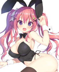 Rule 34 | 1girl, :d, animal ears, arm up, armpits, ass, bare shoulders, bottomless, bow, bowtie, breasts, brown thighhighs, cleavage, covered erect nipples, crop top, detached collar, fang, hair ornament, hair ribbon, hairclip, large breasts, long hair, looking at viewer, open mouth, original, purple eyes, rabbit ears, rabbit tail, red hair, ribbon, ryouka (suzuya), simple background, smile, solo, strapless, tail, thighhighs, twintails, upper body, wavy hair, white background, wrist cuffs, x hair ornament