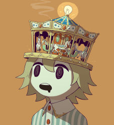Rule 34 | 1boy, @ @, absurdres, avogado6, blonde hair, carousel, child, commentary request, hat, highres, light bulb, male focus, mouth hold, open mouth, orange background, original, shirt, solo, striped clothes, striped shirt, toy horse, upper body