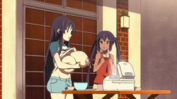 Rule 34 | 2girls, akiyama mio, anime screenshot, black eyes, black hair, breasts, chetrippo, clothes, female focus, flat chest, grabbing, grabbing another&#039;s breast, huge breasts, k-on!, lactation, long hair, looking at viewer, multiple girls, nakano azusa, nipples, no bra, open clothes, tan, tanline, third-party edit, twintails