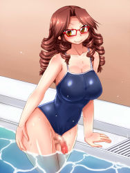 Rule 34 | 1futa, arm support, breasts, brown eyes, brown hair, censored, competition school swimsuit, drill hair, eyebrows, futanari, glasses, highres, large breasts, long hair, mosaic censoring, nokoppa, one-piece swimsuit, original, partially submerged, penis, red-framed eyewear, school swimsuit, smile, solo, swimsuit, thighs, water