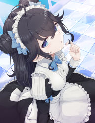 Rule 34 | 1girl, absurdres, apron, black dress, black hair, blue bow, blue eyes, blush, bow, breasts, collared dress, commentary request, double bun, dress, frilled apron, frilled dress, frills, hair between eyes, hair bow, hair bun, twirling hair, highres, izumo kasumi (nijisanji), juliet sleeves, long hair, long sleeves, looking at viewer, maid, maid headdress, medium breasts, mole, mole under mouth, nijisanji, parted lips, puffy sleeves, solo, temari rin, tile floor, tiles, very long hair, virtual youtuber, waist apron, white apron