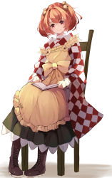 Rule 34 | 1girl, absurdres, apron, bell, book, boots, brown footwear, chair, character name, checkered clothes, checkered kimono, clothes writing, cross-laced footwear, full body, glasses, hair bell, hair ornament, highres, japanese clothes, kimono, lace-up boots, light smile, long sleeves, looking at viewer, lumo 1121, motoori kosuzu, red eyes, red hair, romaji text, short hair, simple background, sitting, solo, touhou, two side up, white background
