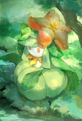 Rule 34 | 1girl, arm up, colored sclera, colored skin, creatures (company), day, day walker1117, female focus, flat chest, flower, full body, game freak, gen 5 pokemon, grass, green background, green hair, green skin, green theme, hair flower, hair ornament, highres, leaf, lilligant, long hair, looking up, monster girl, nintendo, no mouth, orange sclera, outdoors, plant girl, pokemon, pokemon (creature), red flower, sidelocks, solo, standing, stream, swept bangs, tree, water, white eyes