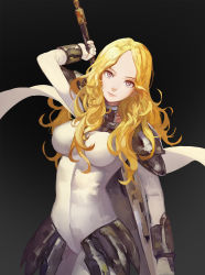 Rule 34 | 1girl, black background, blonde hair, breasts, claymore (series), club3, forehead, holding, holding sword, holding weapon, long hair, looking at viewer, pteruges, red eyes, simple background, smile, solo, sword, teresa, weapon