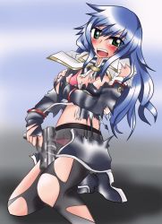 Rule 34 | 1girl, artist request, blue hair, blush, bra, breast hold, breasts, crotch seam, female focus, gradient background, green eyes, gun, lingerie, long hair, maria traydor, panties, panties under pantyhose, pantyhose, solo, star ocean, star ocean till the end of time, tearing clothes, tears, torn clothes, torn pantyhose, underwear, weapon